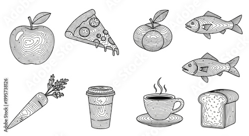 Illustrations of various everyday food and drink items.
