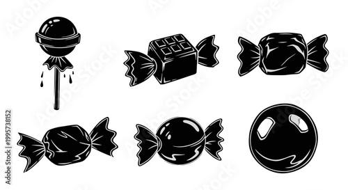 A collection of black and white illustrations of various candies, including a lollipop, wrapped chocolates, and a round candy.