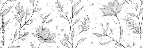 Christmas botanical seamless pattern with line art flowers. Delicate hand-drawn floral elements creating a repetitive winter season design