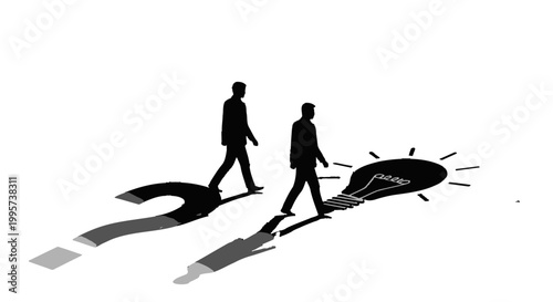 Two businessmen walking on question mark towards lightbulb.