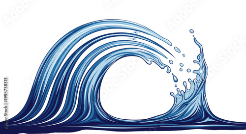 A dynamic illustration of a large, cresting ocean wave with water splashing and droplets in motion against a white background.
