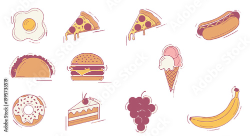 A variety of sweet and savory food icons.