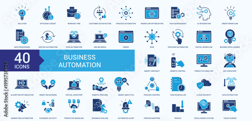 Bild auf Leinwand Business Automation  Icon Collection Set Flat Blue Style with Solution, Efficien