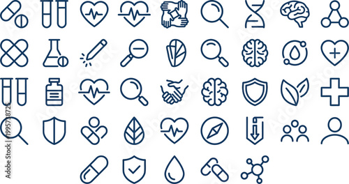 Healthcare icons feature thin line designs depicting medical research and clinical diagnostic equipment in a set.