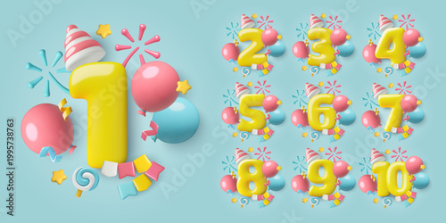 Birthday 3d numbers set with balloons, confetti and party decorations. 1, 2, 3, 4, 5, 6, 7, 8, 9 and 10 year old anniversary backgrounds in a cute plastic style. Vector illustration.