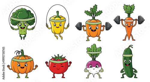 Whimsical vector illustration set featuring a diverse collection of anthropomorphic vegetables engaged in various fitness activities, showcasing a playful and energetic approach to healthy living thro