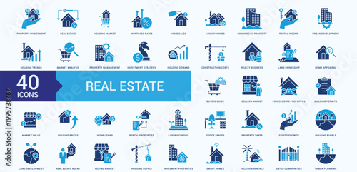 Real estate  Icon Collection Set Flat Blue Style  property investment, real estate, housing market, mortgage rates