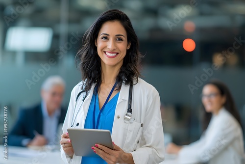 Smiling Female Doctor Holding Tablet in Modern Hospital Setting.