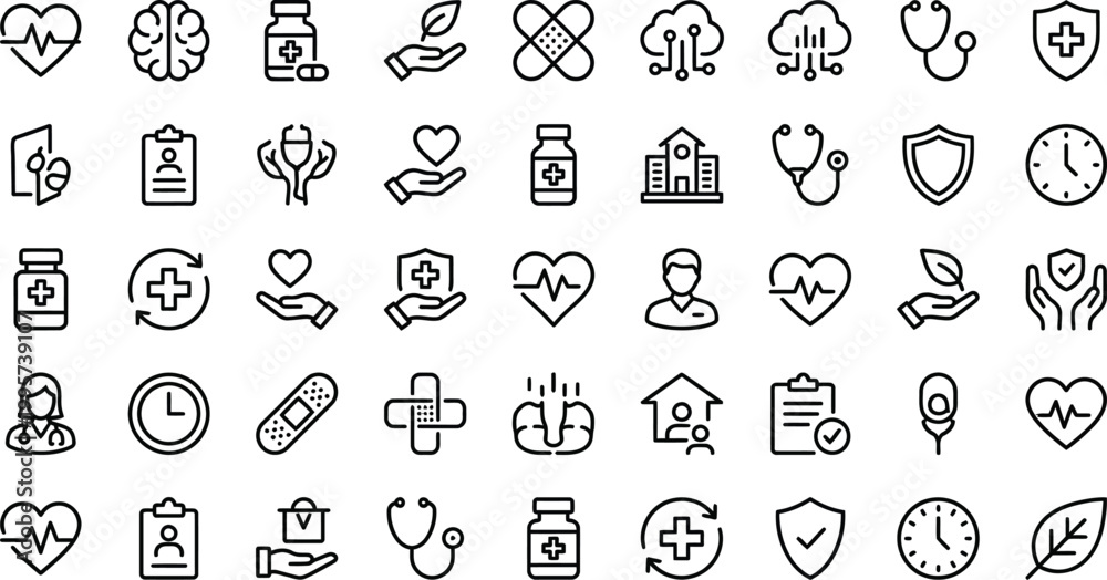 Fototapeta premium Healthcare icons depict medical equipment and wellness symbols for professional clinical documentation and care.