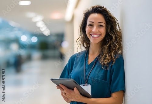 Smiling Healthcare Professional Holding Tablet in Modern Hospital Setting.