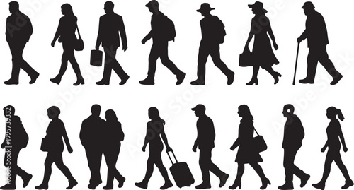 people walking in various poses and outfits silhouette vector