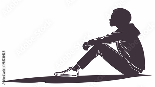 Silhouette of a person sitting calmly with knees bent in contemplation on a plain background