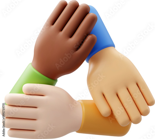 3D Vector illustration Diverse hands holding each other in a circle, Represents teamwork, Unity, Support, Diversity, Community, Partnership, Trust and Cooperation concept.