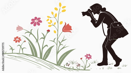 Photographer in silhouette taking picture of colorful flowers in garden with camera and bag
