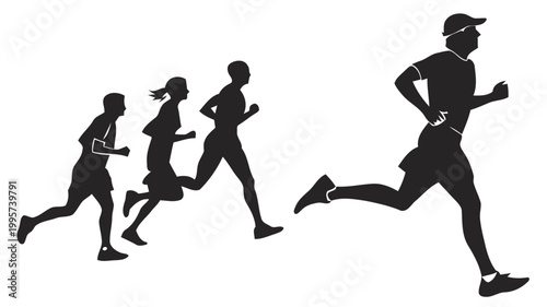 Silhouettes of multiple runners moving forward in running motion on white background conveying energy and fitness