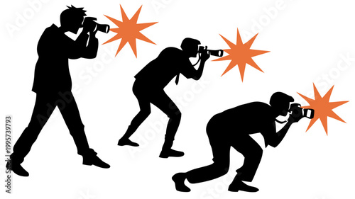 Silhouettes of multiple photographers leaning forward taking pictures with cameras capturing moments with orange light flashes on white background conveying action and excitement