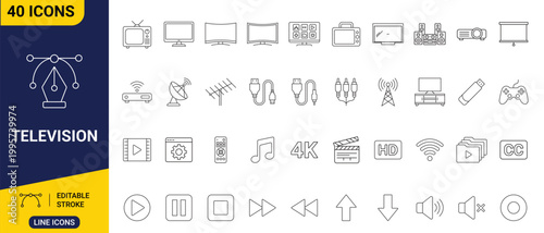 Collection of television and broadcast icons, showcasing various devices and symbols related to media consumption and broadcasting