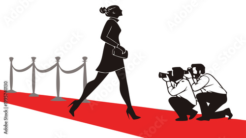 Confident woman walks red carpet with photographers symbolizing fame glamour and celebrity culture