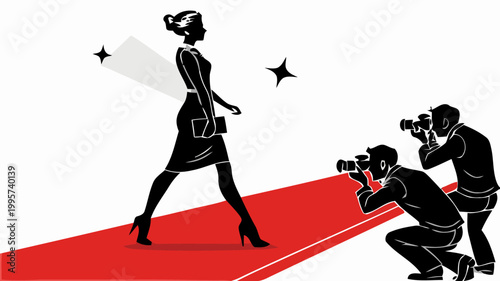 Confident woman walks red carpet with photographers taking pictures symbolizing fame and media attention at a glamorous event