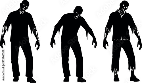 Three silhouetted zombies with decaying forms stand against a white background