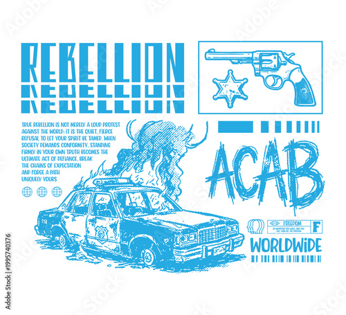 Vector illustration streetwear of police and rebellion text for T-Shirt design with slogan and distortion artwork