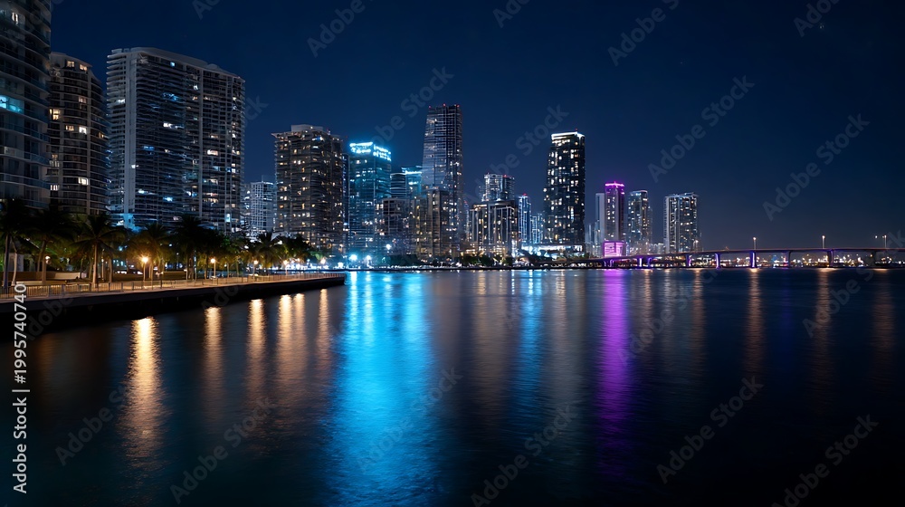 Obraz premium Urban Night Reflections in Water / 水面に映る都会の夜の反射