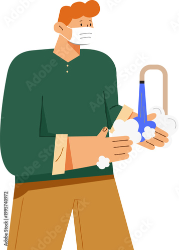 Cute boy using disinfectant spray to sanitize the settings