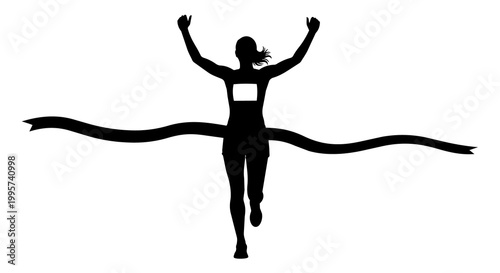 Female runner silhouette crossing finish line ribbon, isolated on transparent background