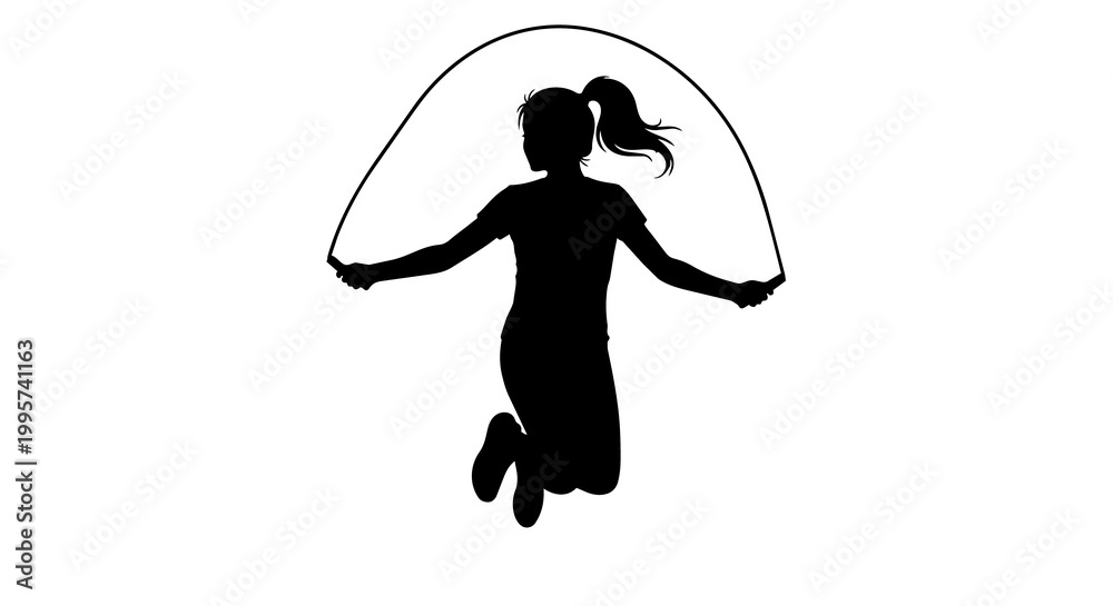Fototapeta premium Black silhouette of a girl jumping rope, isolated on transparent background