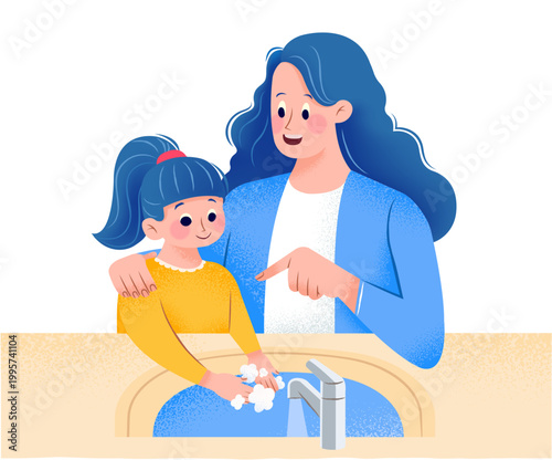Mother teaching daughter how to wash hands correctly