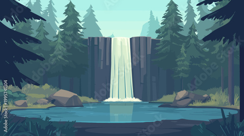A serene waterfall scene with lush evergreen trees, boulders, and a calm pool in a forest
