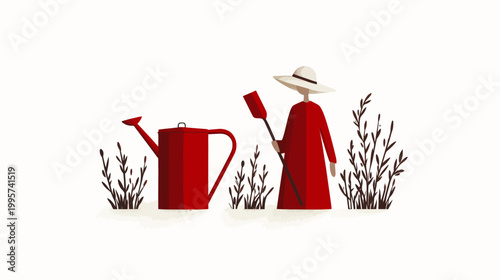 Illustration of a person in red with a watering can and shovel, gardening among plants
