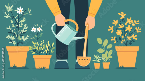 A person tending to potted flowers with a watering can and a trowel on a teal background