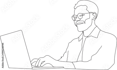 Side view of young man working on laptop in modern workspace, focused professional using computer, minimal clean background, remote work and digital lifestyle concept, casual outfit with technology us