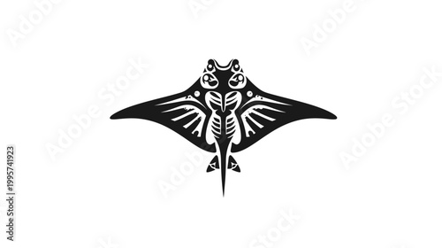 A stylized illustration depicting a black manta ray design against a clean white backdrop