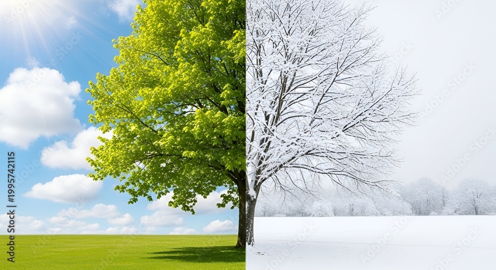 Fototapeta premium Tree Divided Showing Spring and Winter Seasons, Nature Contrast