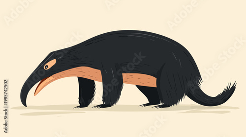 A cartoonish creature with a long snout and black fur stands facing the left on a sand-colored ground