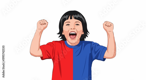 A delighted child enthusiastically celebrating a moment of victory with arms raised high