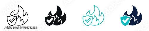 Fire protection icons, flame with shield and check mark, safety and risk prevention concept in line and solid style, vector illustration