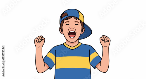 A cheerful young boy with a cap is enthusiastically celebrating with both hands in the air