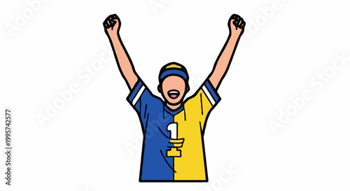 A person in a sports uniform celebrating a victory with arms raised high