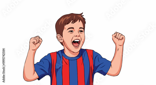 A happy child cheering with his hands raised in celebration