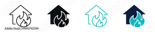 House fire icons, home with flames, emergency and disaster concept in line and solid style, vector illustration