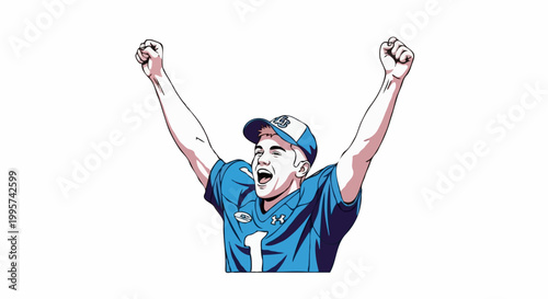 An illustration depicting an athletic figure with arms raised in victory and triumphant joy, celebrating a sports achievement