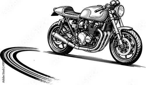 Hand-drawn vintage cafe racer motorcycle with tire tracks