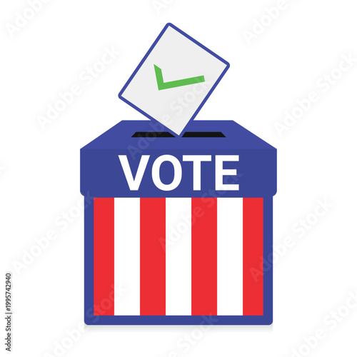 US Presidential Election Voting Box Vector Illustration. US midterm elections. A ballot with a green check mark is being placed into the slot, symbolizing the democratic process