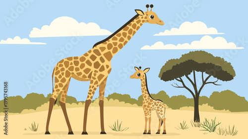 An illustration features two giraffes in a savanna scene under a bright blue sky with clouds