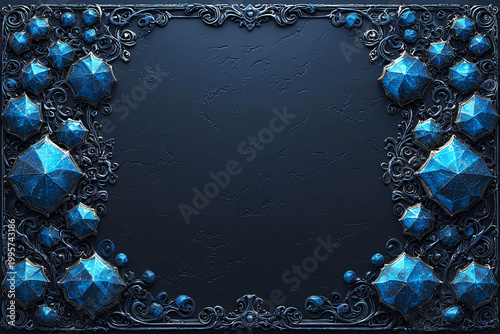 Dark fantasy ornate frame with blue gemstones and intricate baroque metal patterns on textured background, luxurious mystical border design for invitations, posters, gothic themes and elegant decor