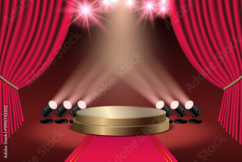 Golden podium on red carpet with red curtains, stage lights illuminating event
