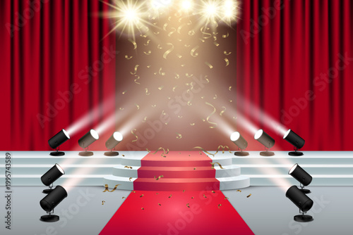 Empty awards stage with a red curtain backdrop, light beams, and golden confetti